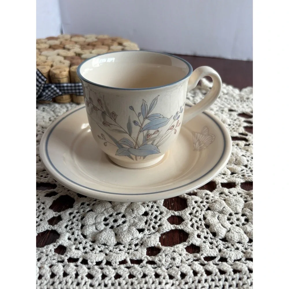 Noritake Keltcraft Kilkee‎ 9109 Cup and Saucer Set Ireland Blue Floral Butterfly